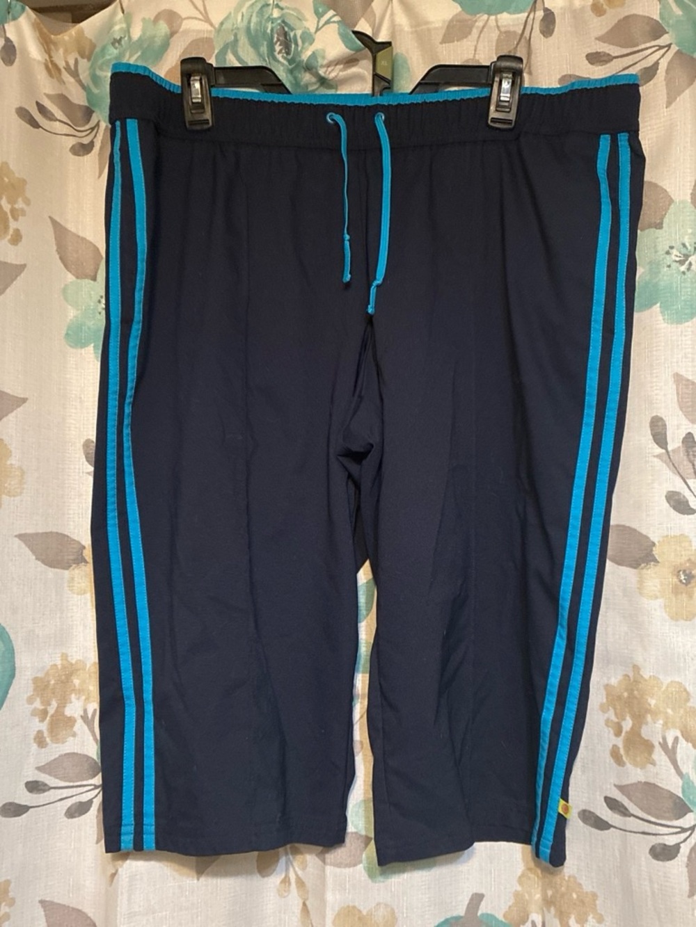 Navy Athletic Drawstring Track Pants with Teal Stripes